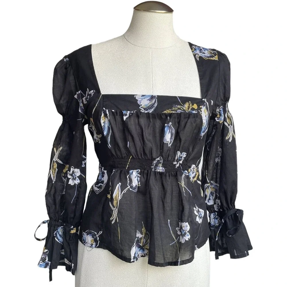 Free People Women's Floral Blouse‎ Black Square Neck Long Sleeve Tie Cuff Top S